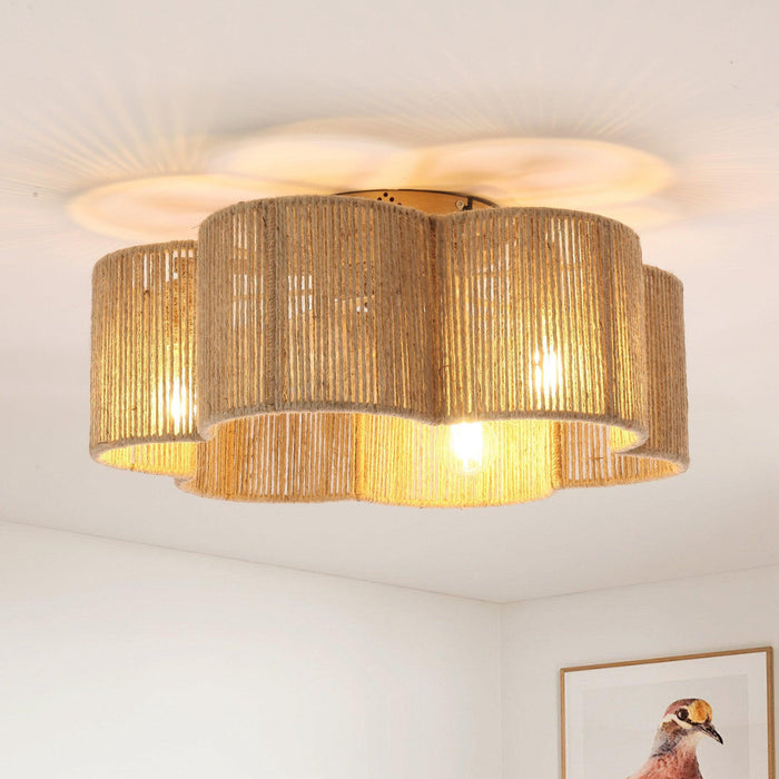 21 Inch Golden Flower-shape Farmhouse Rattan Flush Mount Ceiling Fan with Light APP and Remote Control