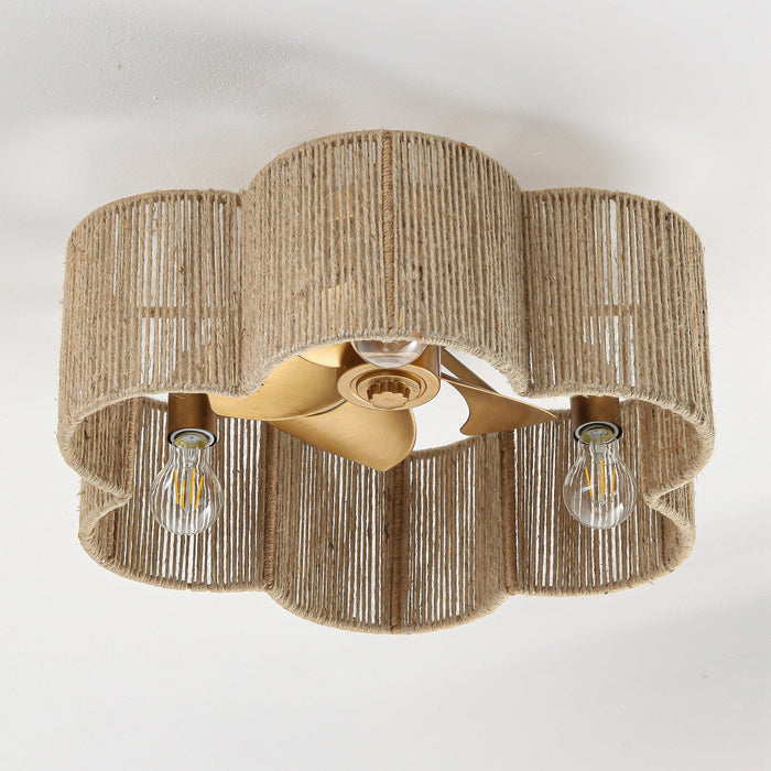 21 Inch Golden Flower-shape Farmhouse Rattan Flush Mount Ceiling Fan with Light APP and Remote Control