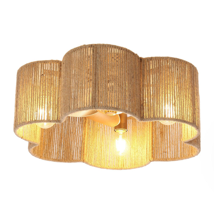 21 Inch Golden Flower-shape Farmhouse Rattan Flush Mount Ceiling Fan with Light APP and Remote Control