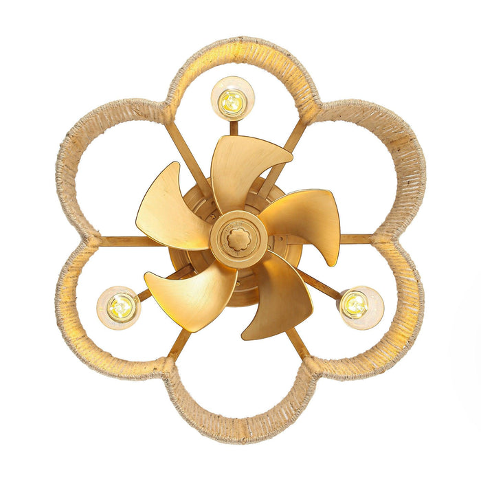 21 Inch Golden Flower-shape Farmhouse Rattan Flush Mount Ceiling Fan with Light APP and Remote Control