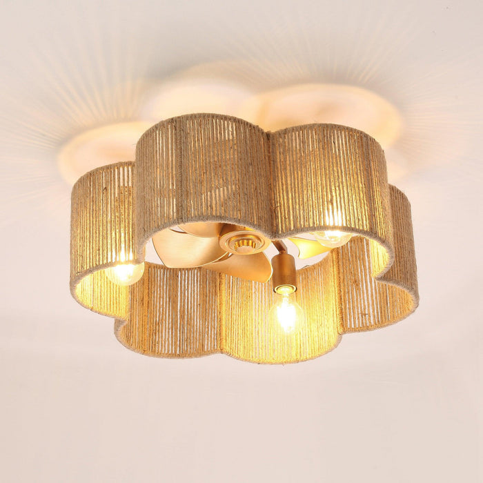 21 Inch Golden Flower-shape Farmhouse Rattan Flush Mount Ceiling Fan with Light APP and Remote Control