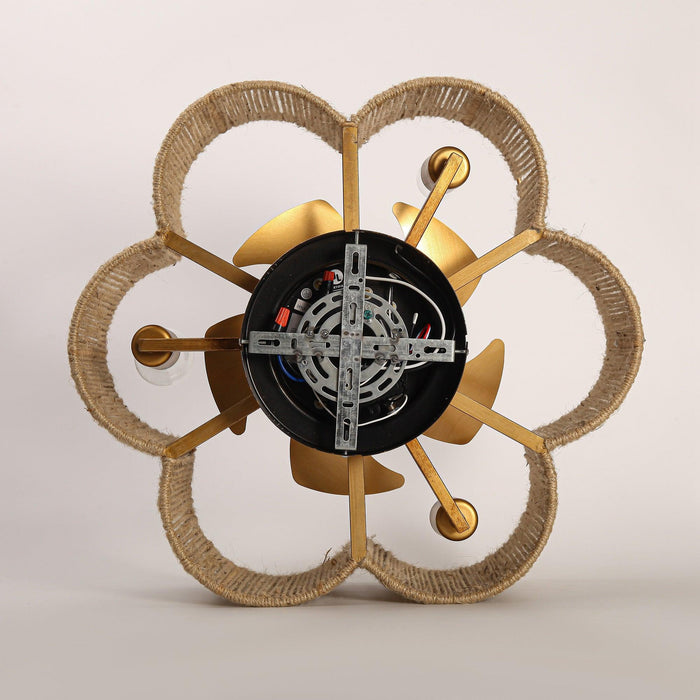 21 Inch Golden Flower-shape Farmhouse Rattan Flush Mount Ceiling Fan with Light APP and Remote Control