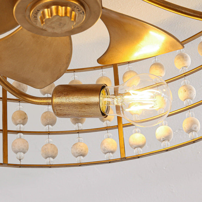 18 Inch Golden Farmhouse Wooden Beads Flush Mount Ceiling Fan with APP and Remote Control