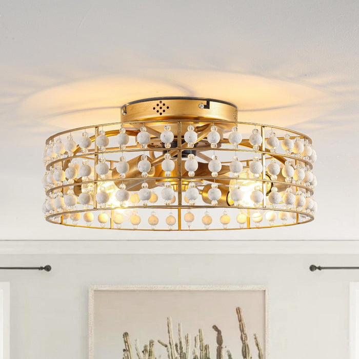 18 Inch Golden Farmhouse Wooden Beads Flush Mount Ceiling Fan with APP and Remote Control