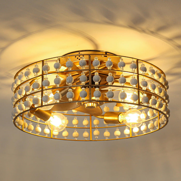 18 Inch Golden Farmhouse Wooden Beads Flush Mount Ceiling Fan with APP and Remote Control