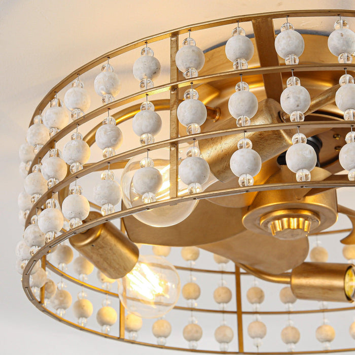 18 Inch Golden Farmhouse Wooden Beads Flush Mount Ceiling Fan with APP and Remote Control