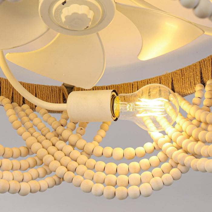 20 Inch White Farmhouse Handmade Wooden Beads Flush Mount Ceiling Fan with APP Remote Control and Lighting