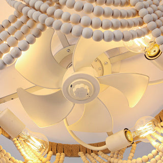 20 Inch White Hamptons Farmhouse Handmade Wooden Beads Flush Mount Ceiling Fan with APP Remote Control and Lighting