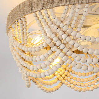20 Inch White Hamptons Farmhouse Handmade Wooden Beads Flush Mount Ceiling Fan with APP Remote Control and Lighting