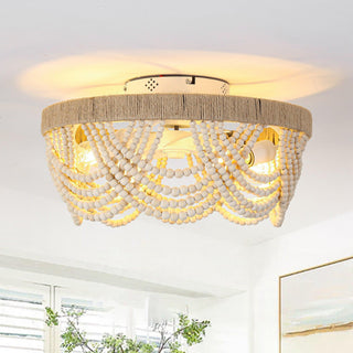 20 Inch White Hamptons Farmhouse Handmade Wooden Beads Flush Mount Ceiling Fan with APP Remote Control and Lighting
