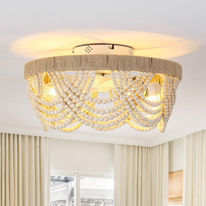 20 Inch White Farmhouse Handmade Wooden Beads Flush Mount Ceiling Fan with APP Remote Control and Lighting