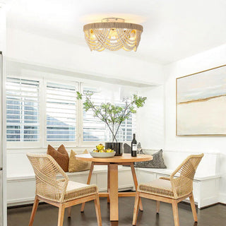 20 Inch White Hamptons Farmhouse Handmade Wooden Beads Flush Mount Ceiling Fan with APP Remote Control and Lighting