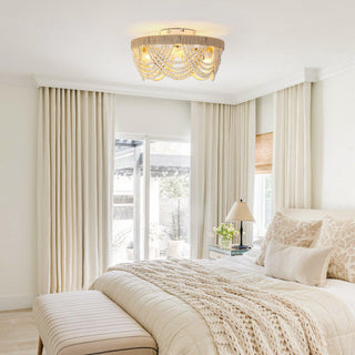20 Inch White Hamptons Farmhouse Handmade Wooden Beads Flush Mount Ceiling Fan with APP Remote Control and Lighting