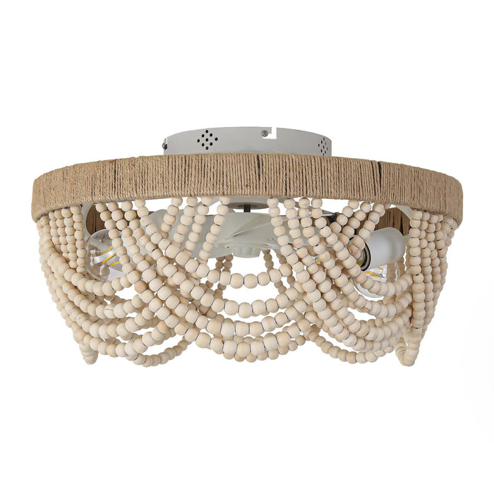 20 Inch White Farmhouse Handmade Wooden Beads Flush Mount Ceiling Fan with APP Remote Control and Lighting