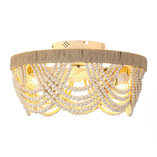 20 Inch White Hamptons Farmhouse Handmade Wooden Beads Flush Mount Ceiling Fan with APP Remote Control and Lighting