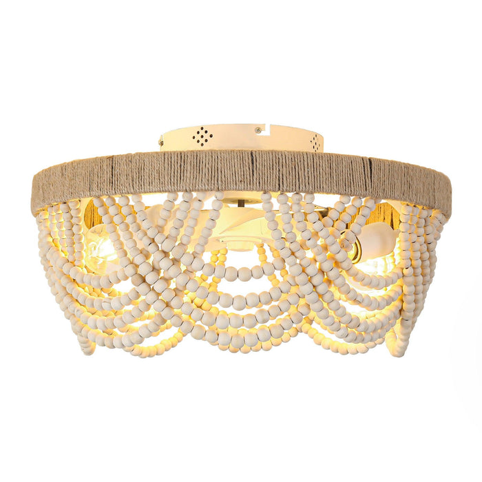 20 Inch White Farmhouse Handmade Wooden Beads Flush Mount Ceiling Fan with APP Remote Control and Lighting