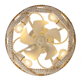 20 Inch White Hamptons Farmhouse Handmade Wooden Beads Flush Mount Ceiling Fan with APP Remote Control and Lighting