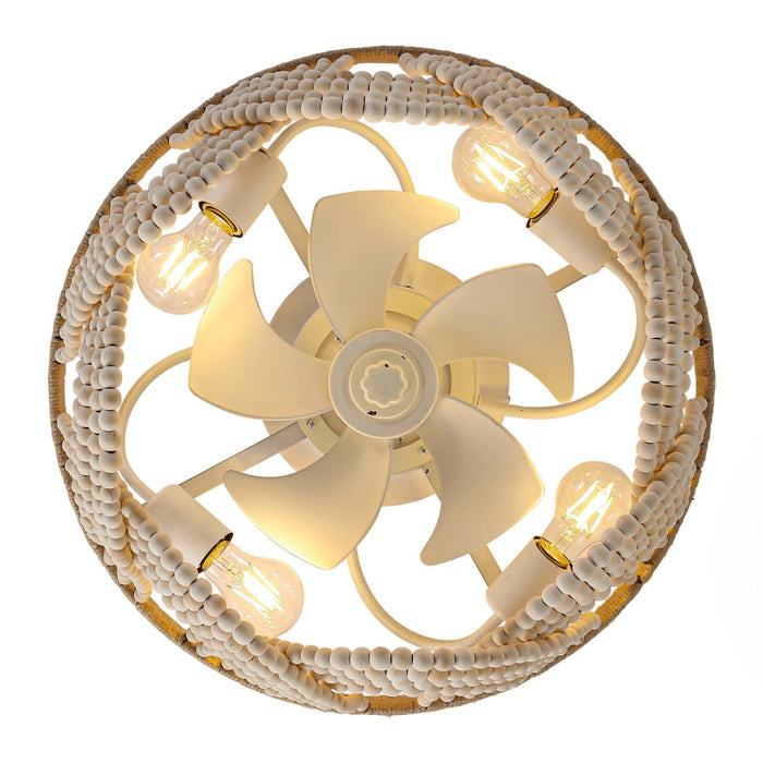 20 Inch White Farmhouse Handmade Wooden Beads Flush Mount Ceiling Fan with APP Remote Control and Lighting