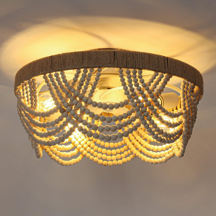 20 Inch White Farmhouse Handmade Wooden Beads Flush Mount Ceiling Fan with APP Remote Control and Lighting