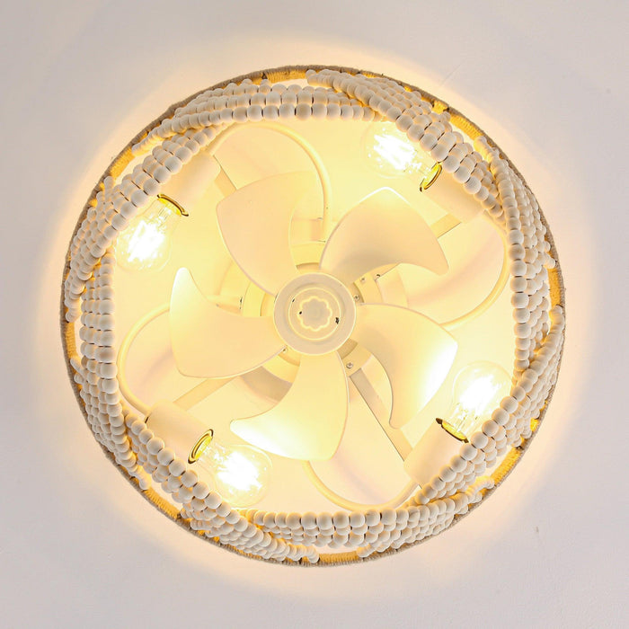 20 Inch White Farmhouse Handmade Wooden Beads Flush Mount Ceiling Fan with APP Remote Control and Lighting