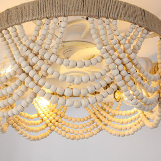 20 Inch White Hamptons Farmhouse Handmade Wooden Beads Flush Mount Ceiling Fan with APP Remote Control and Lighting