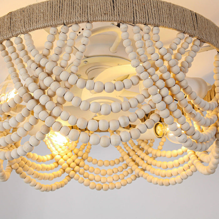 20 Inch White Farmhouse Handmade Wooden Beads Flush Mount Ceiling Fan with APP Remote Control and Lighting