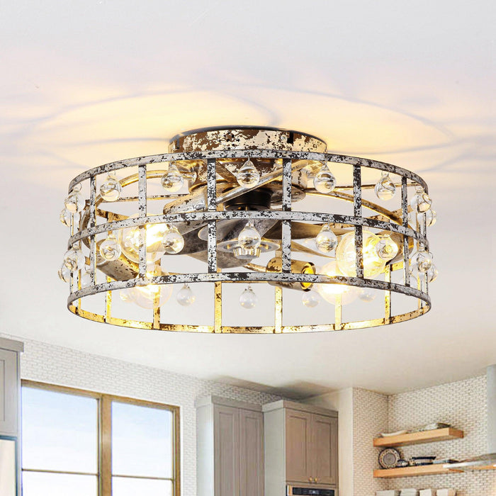 18 Inch Retro Silver Crystal Flush Mount Ceiling Fan with APP Remote Control and Lighting