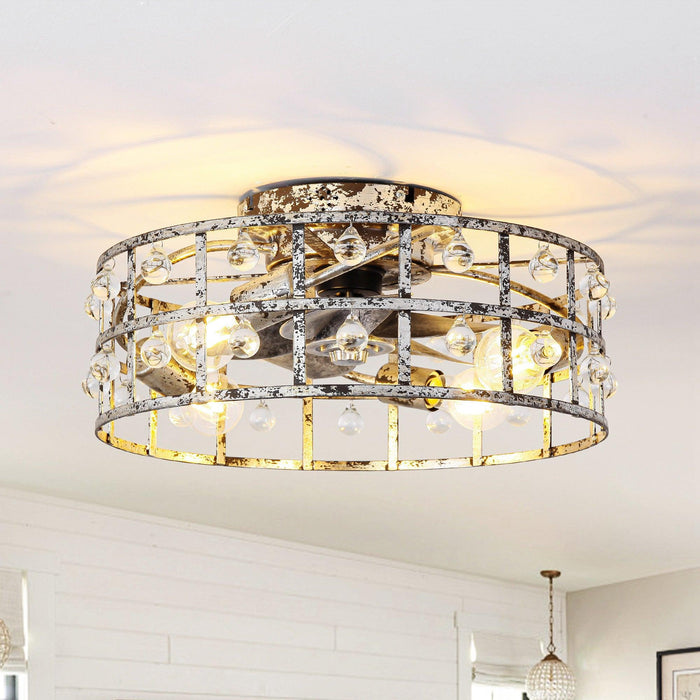 18 Inch Retro Silver Crystal Flush Mount Ceiling Fan with APP Remote Control and Lighting