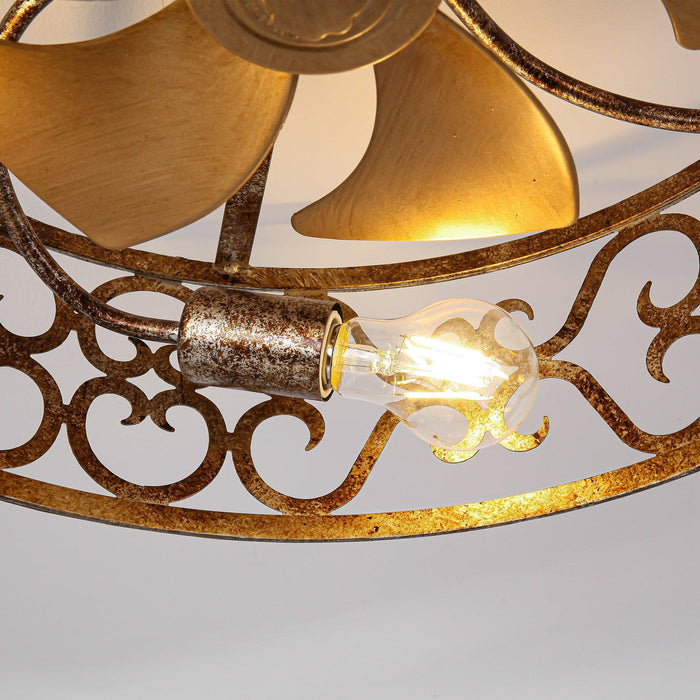 18 Inch Vintage Distressed Golden Industrial Flush Mount Ceiling Fan with Light APP and Remote Control