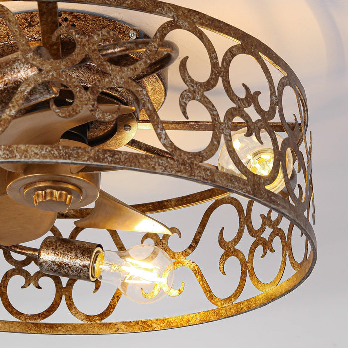 18 Inch Vintage Distressed Golden Industrial Flush Mount Ceiling Fan with Light APP and Remote Control