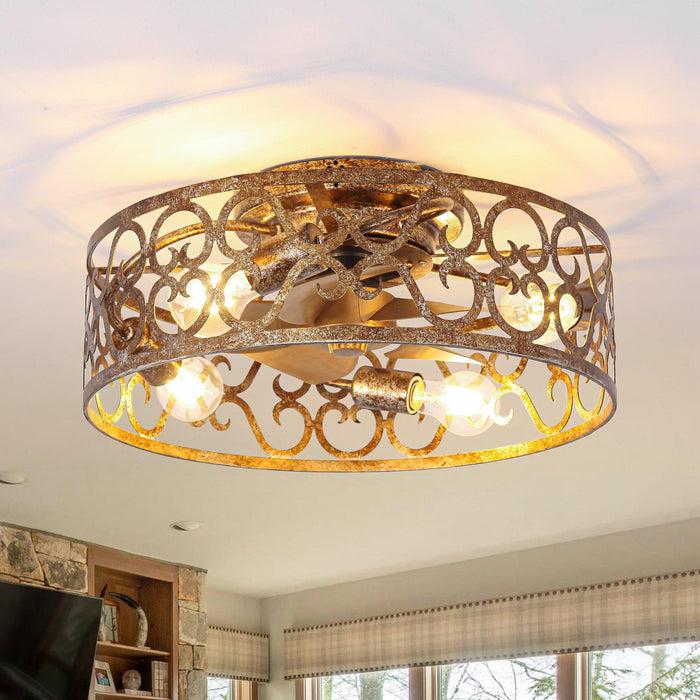 18 Inch Vintage Distressed Golden Industrial Flush Mount Ceiling Fan with Light APP and Remote Control