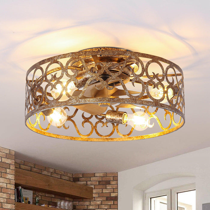 18 Inch Vintage Distressed Golden Industrial Flush Mount Ceiling Fan with Light APP and Remote Control