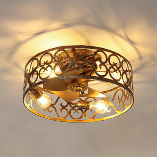 18 Inch Vintage Distressed Golden Industrial Flush Mount Ceiling Fan with Light APP and Remote Control