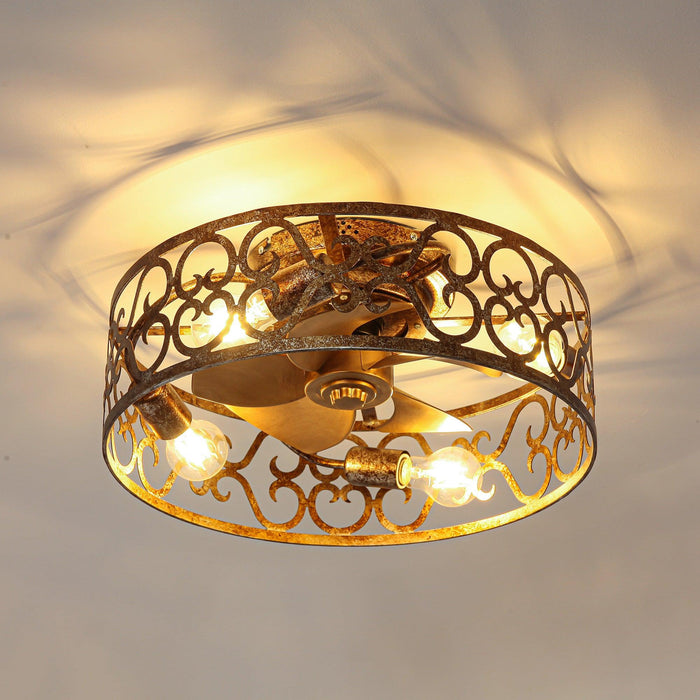 18 Inch Vintage Distressed Golden Industrial Flush Mount Ceiling Fan with Light APP and Remote Control