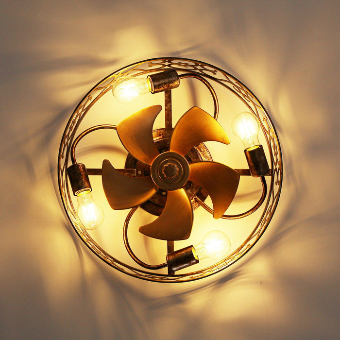 18 Inch Vintage Distressed Golden Industrial Flush Mount Ceiling Fan with Light APP and Remote Control