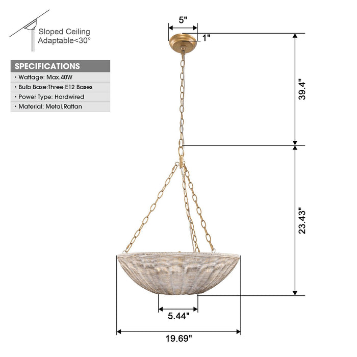 Farmhouse 3-Light Rattan Pendant Lighting in Bowl Shape