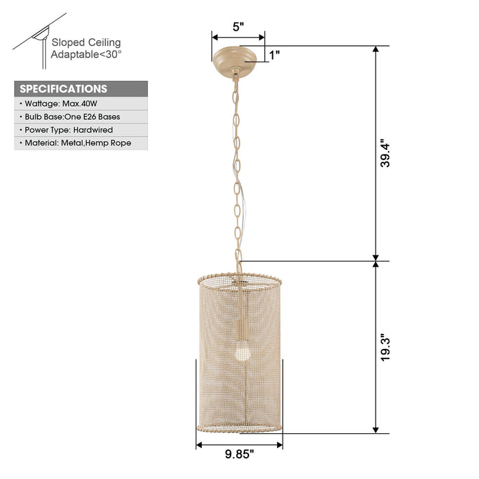 1-Light Wooden Beads Farmhouse Beige Dry Rated Pendant Lighting