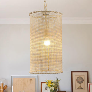 1-Light Wooden Beads Farmhouse Beige Dry Rated Pendant Lighting