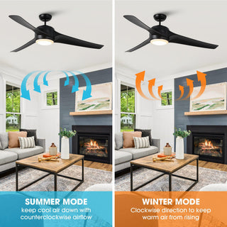 60" Wall Control 3 Blades Black Hamptons Ceiling Fan with LED Lighting