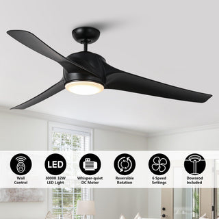 60" Wall Control 3 Blades Black Hamptons Ceiling Fan with LED Lighting