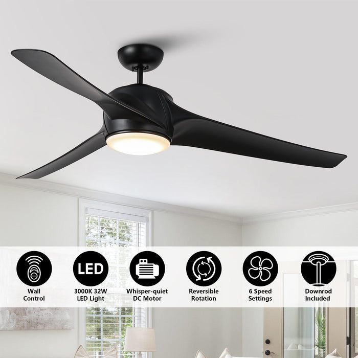 60" Wall Control 3 Blades Black Ceiling Fan with LED Lighting