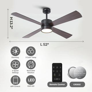 52 Inch Bucholz Hamptons Industrial Dimmable RGB LED Ceiling Fan with Remote and APP Control