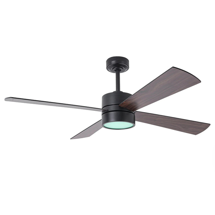 Ceiling fan with black frame and wooden blades on a white background