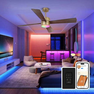 52 Inch Bucholz Hamptons Industrial Dimmable RGB LED Ceiling Fan with Remote and APP Control