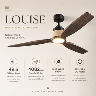 56 Inch Louise Hamptons Downrod Mount LED Soild Wood Ceiling Fan with Remote Control