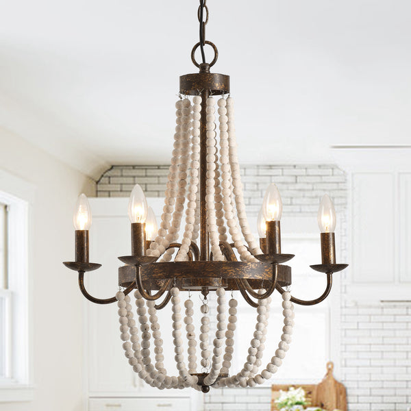 4-Light Hamptons Farmhouse Pendant Lighting with Wooden Beads
