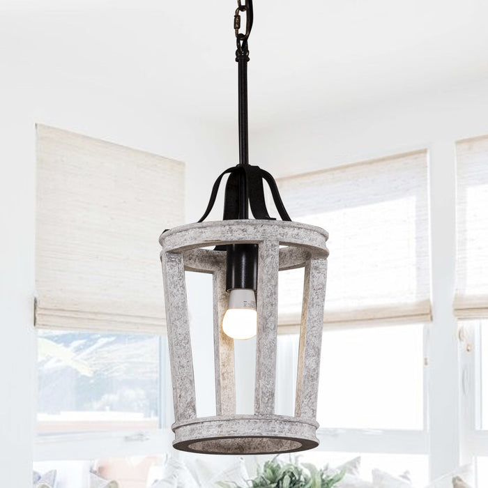 1-Light Farmhouse French Country Distressed White Wood Pendant Lighting for Kitchen With Adjustable Hanging Length