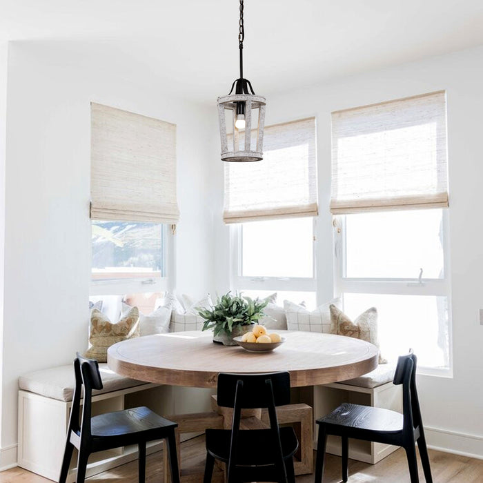 1-Light Farmhouse French Country Distressed White Wood Pendant Lighting for Kitchen With Adjustable Hanging Length