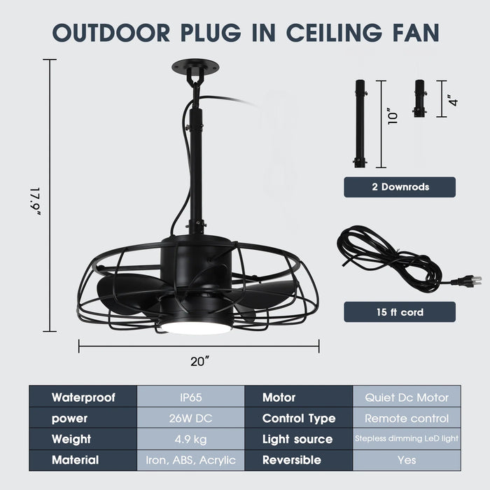 20 Inch Vistula Outdoor DC Motor Black Industrial Hanging Buckle Downrod Ceiling Fan with Light