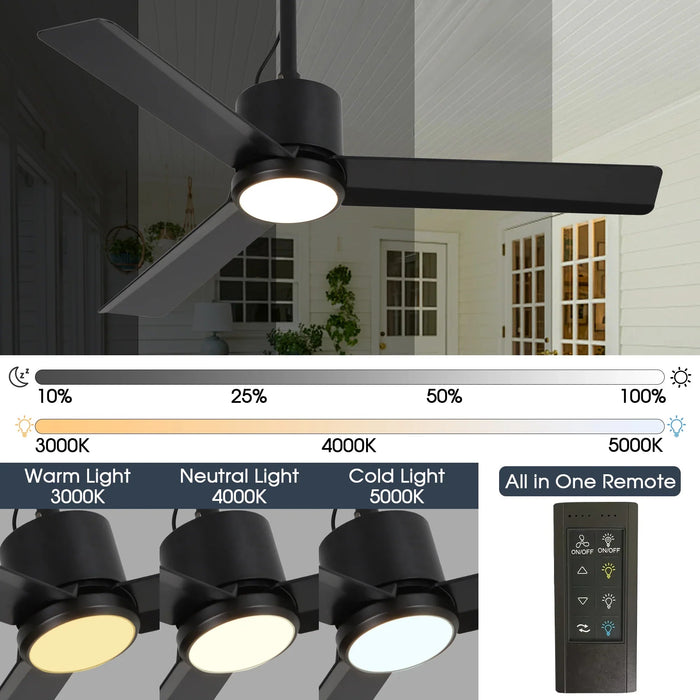42 Inch Rhine Indoor/Wet Outdoor IP65 Black Anywhere Waterproof Ceiling Fan with LED Light and Convenient Hanging Hook